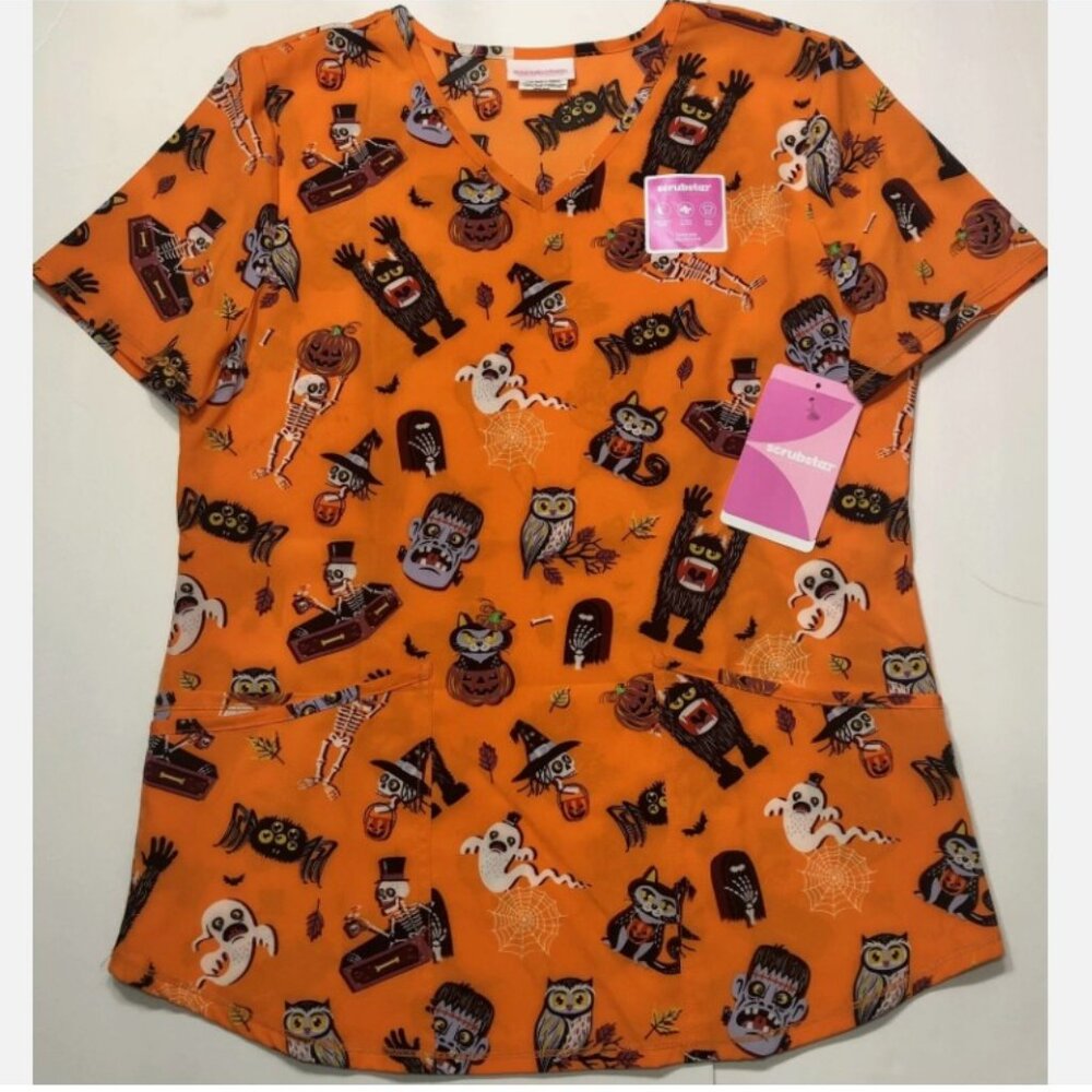 Women's Halloween Scrub Top Skeltons Black Cat Spider Owls Pumpkin Medical 2XL